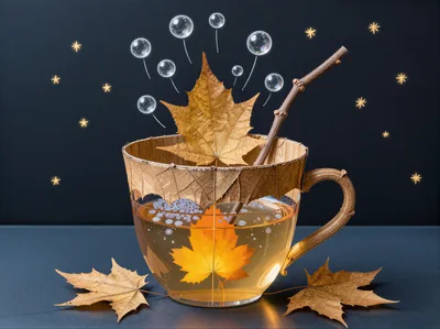 Surreal Autumn Tea Cup With Floating Leaves And Bubbles