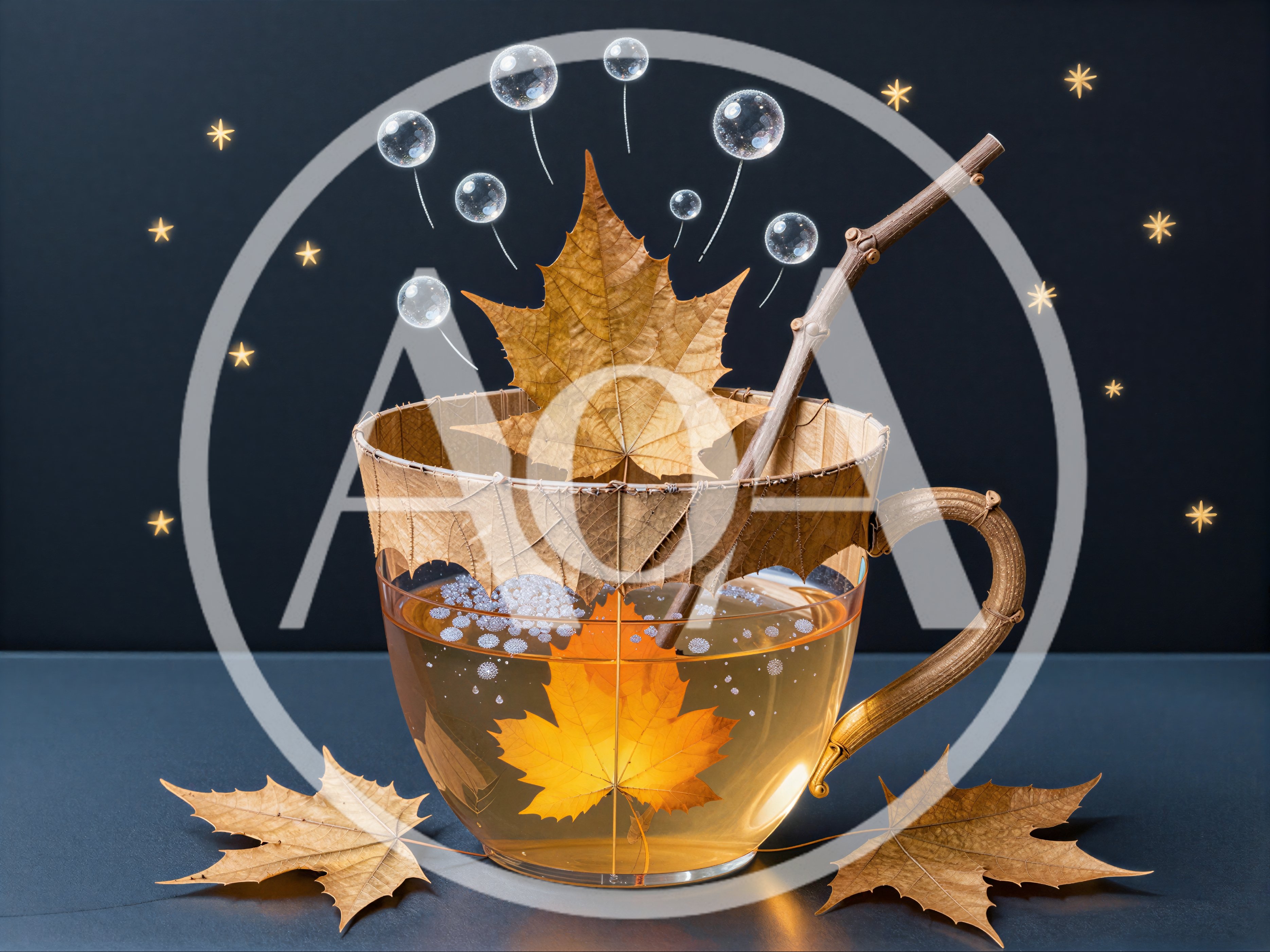 Surreal Autumn Tea Cup With Floating Leaves And Bubbles