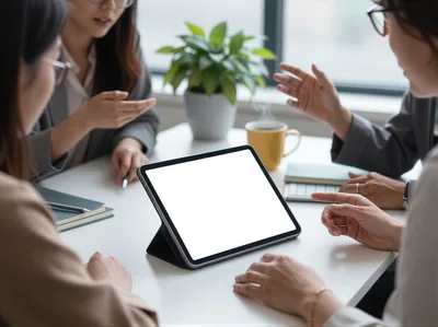 Business Team Collaborating Around Tablet in Office Meeting