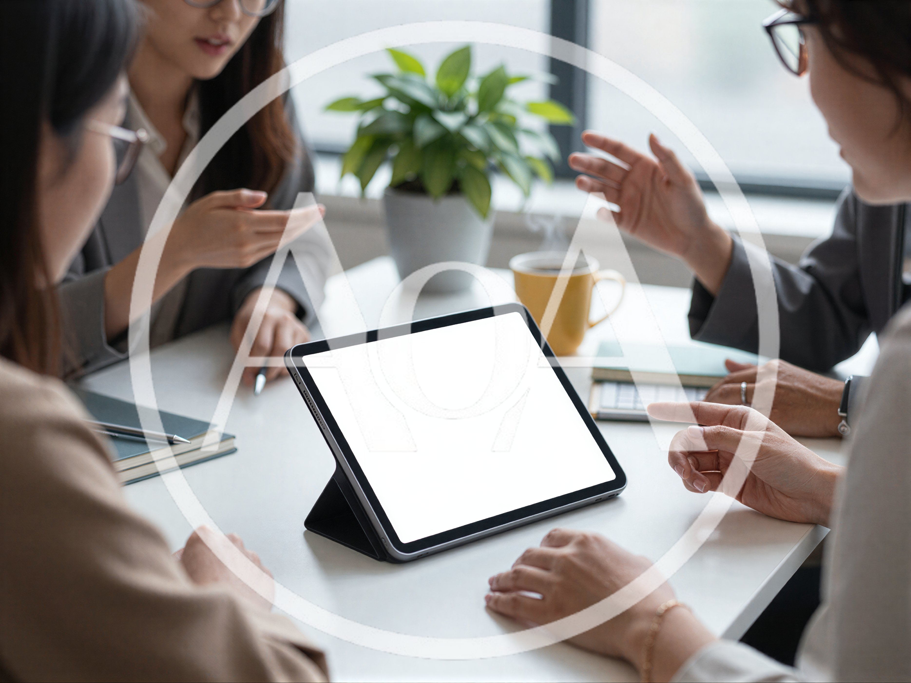 Business Team Collaborating Around Tablet in Office Meeting