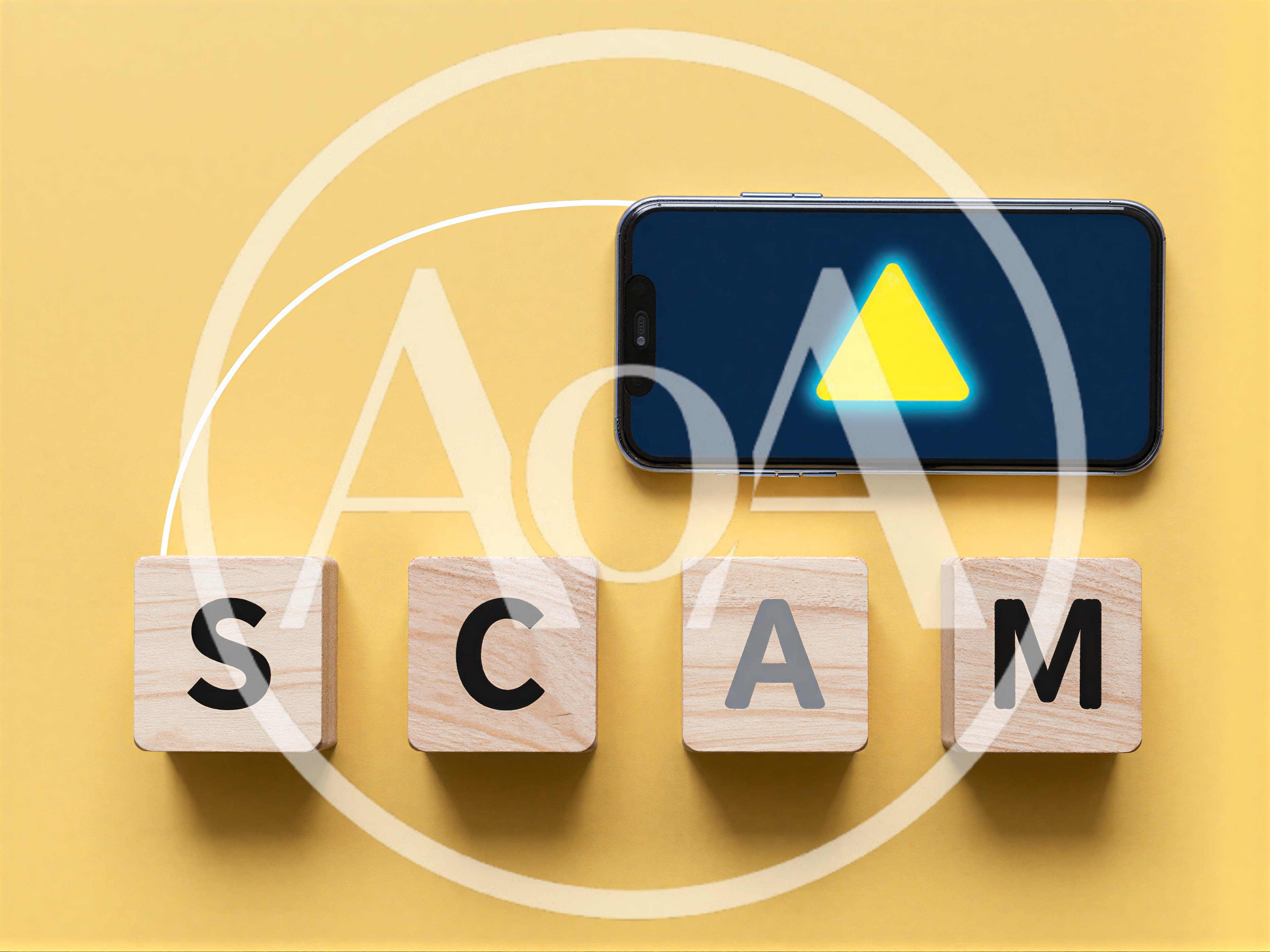 Smartphone With Warning Icon And Wooden Scam Blocks