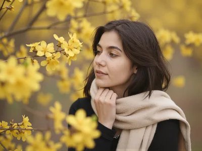 Young Woman Admiring Yellow Blossoms In Spring