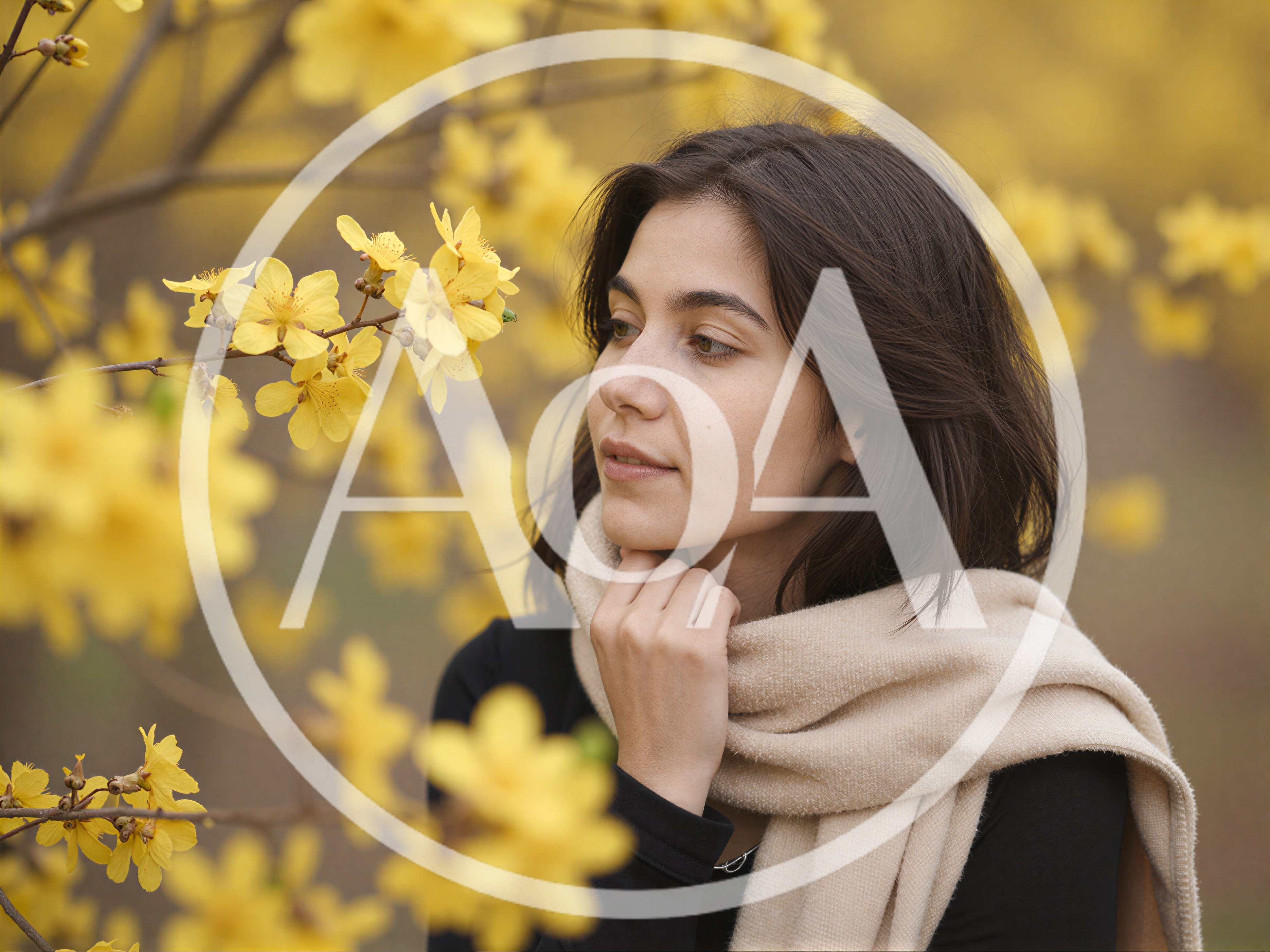 Young Woman Admiring Yellow Blossoms In Spring