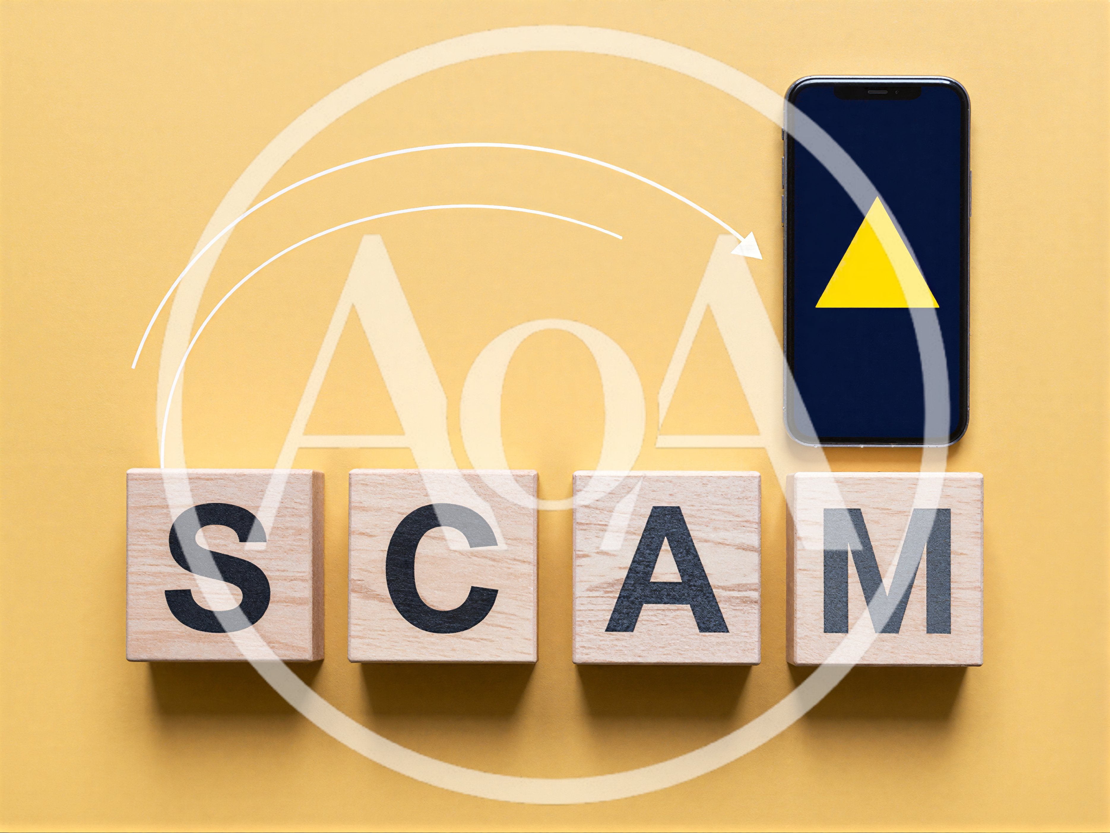 Wooden Blocks Spelling Scam With Smartphone And Arrow
