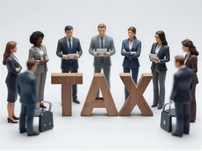 Miniature Business Figures Standing Around Wooden Tax Letters
