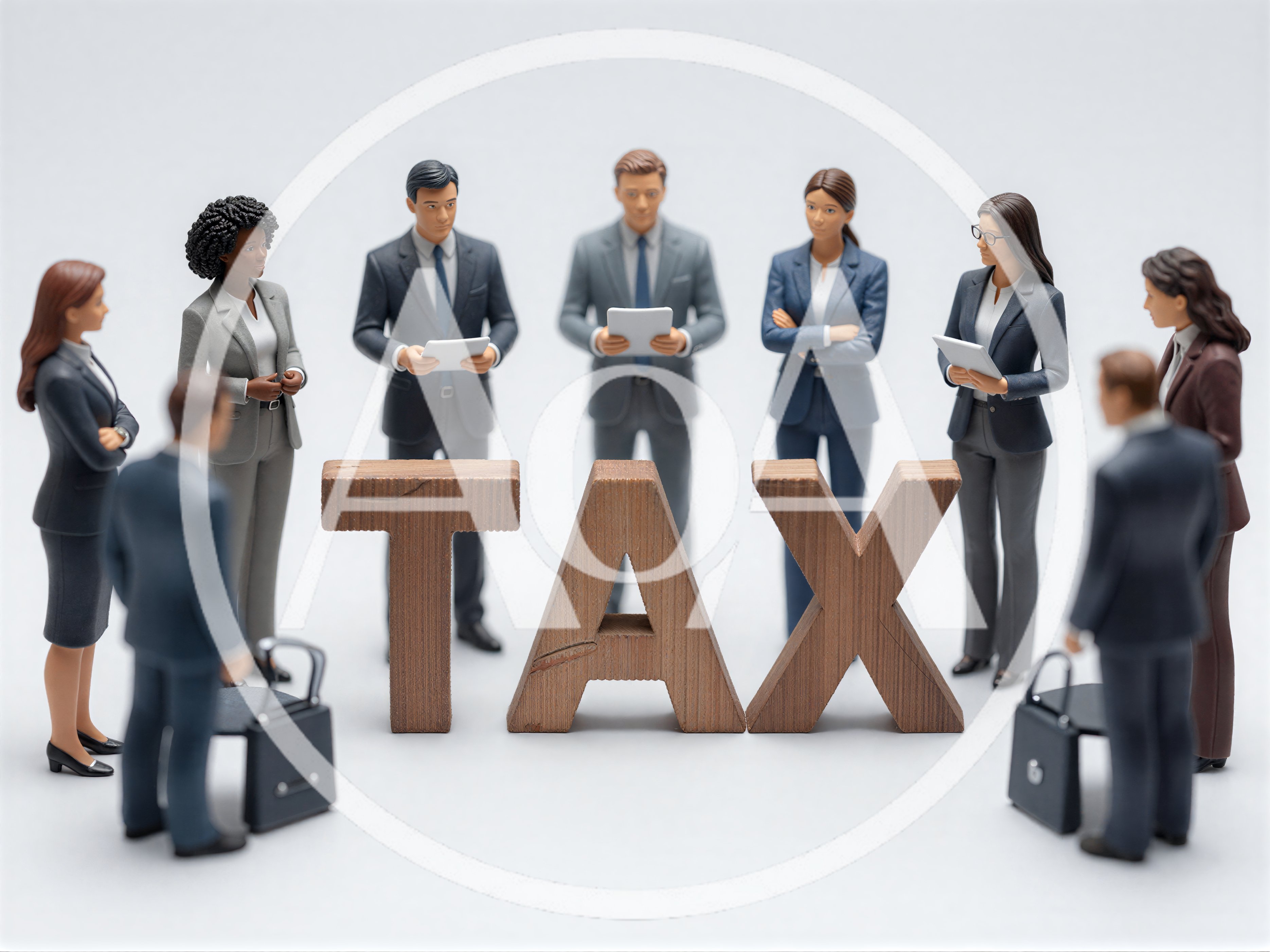 Miniature Business Figures Standing Around Wooden Tax Letters