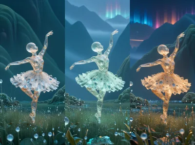 Three Ethereal Crystal Ballerina Figures In Surreal Landscape