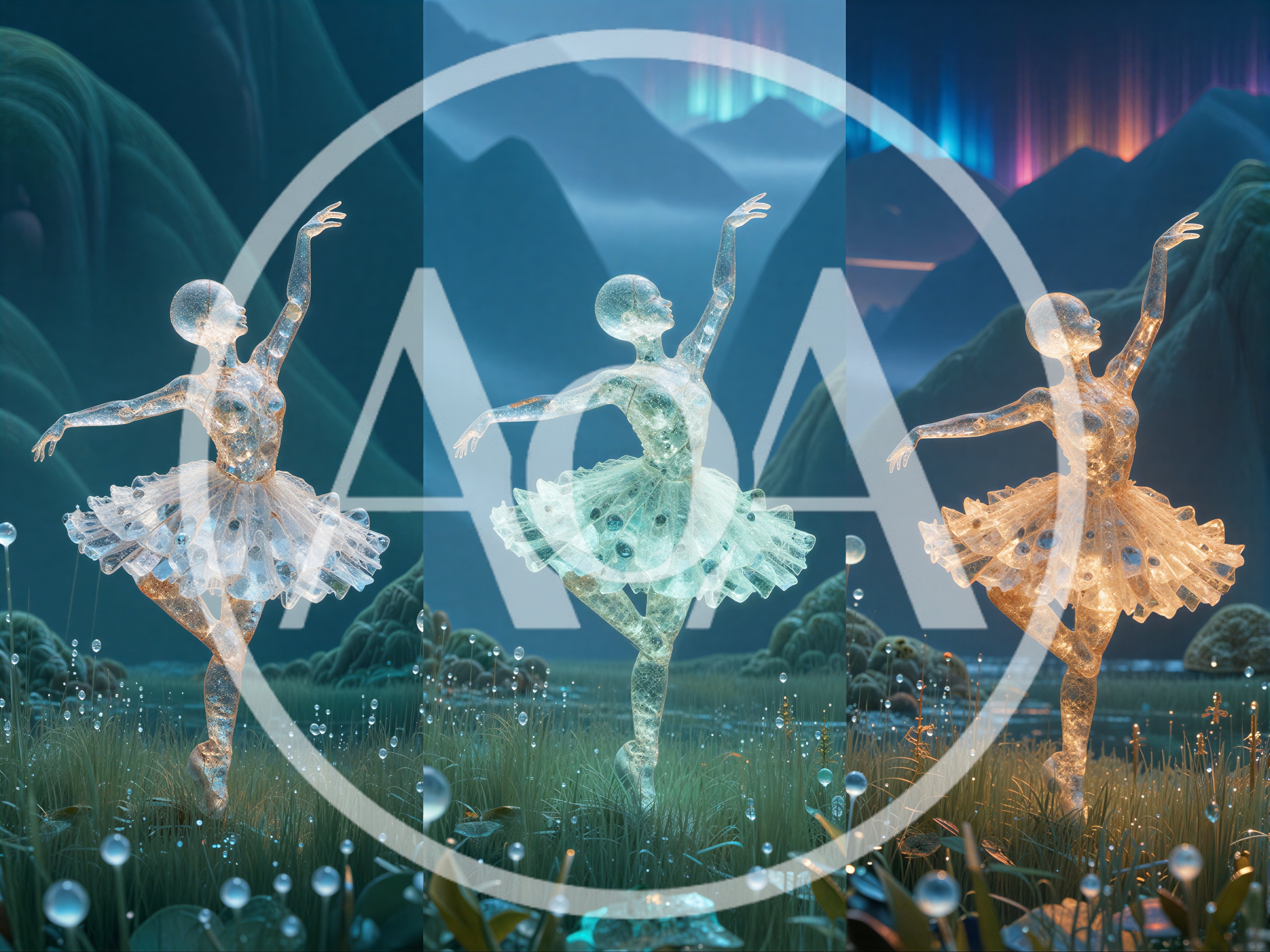 Three Ethereal Crystal Ballerina Figures In Surreal Landscape