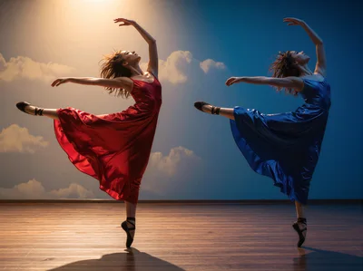 Two Ballerinas Dancing In Red And Blue Dresses