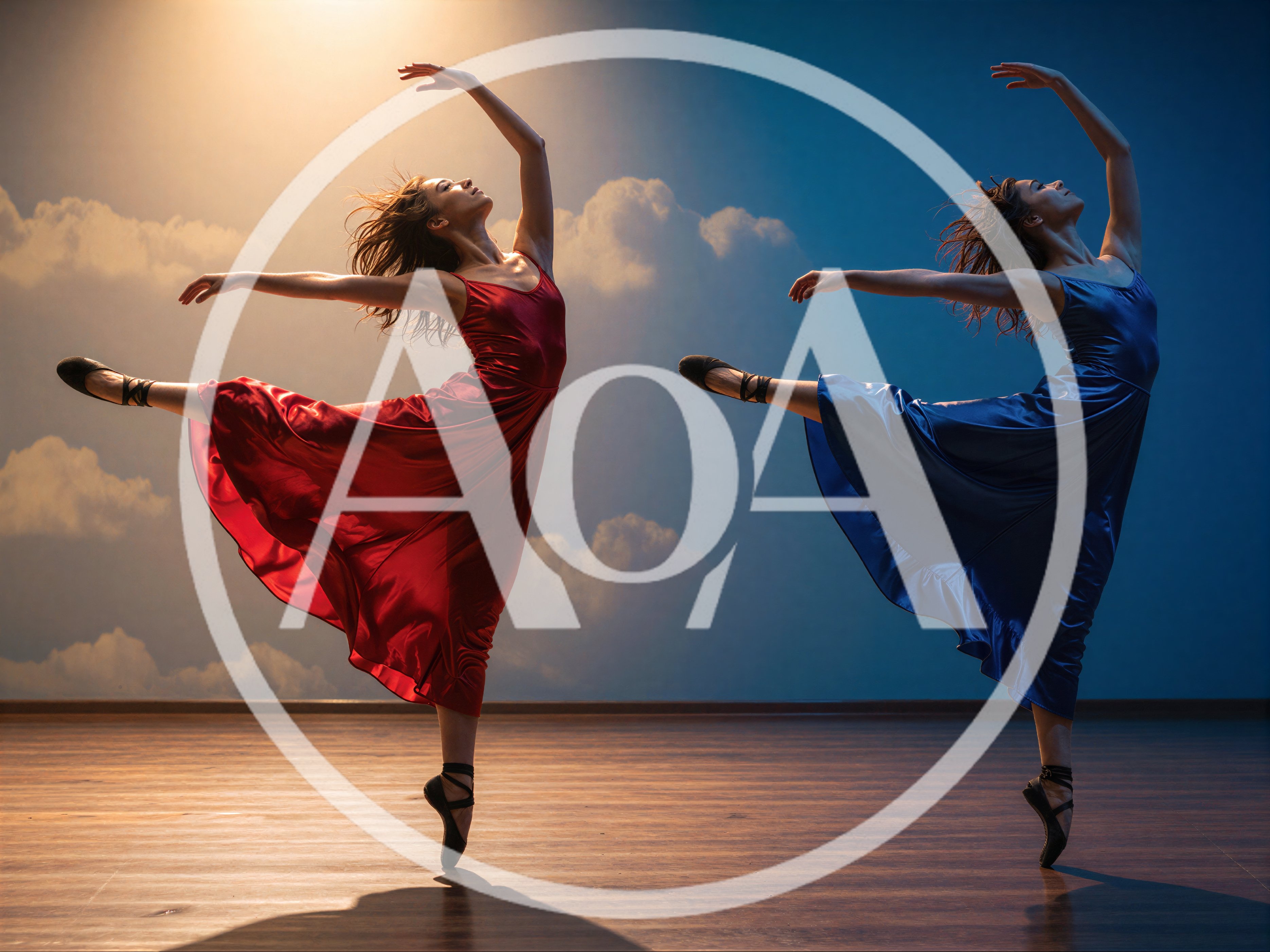 Two Ballerinas Dancing In Red And Blue Dresses