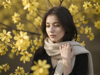 Young Woman Wearing Scarf Among Yellow Spring Flowers