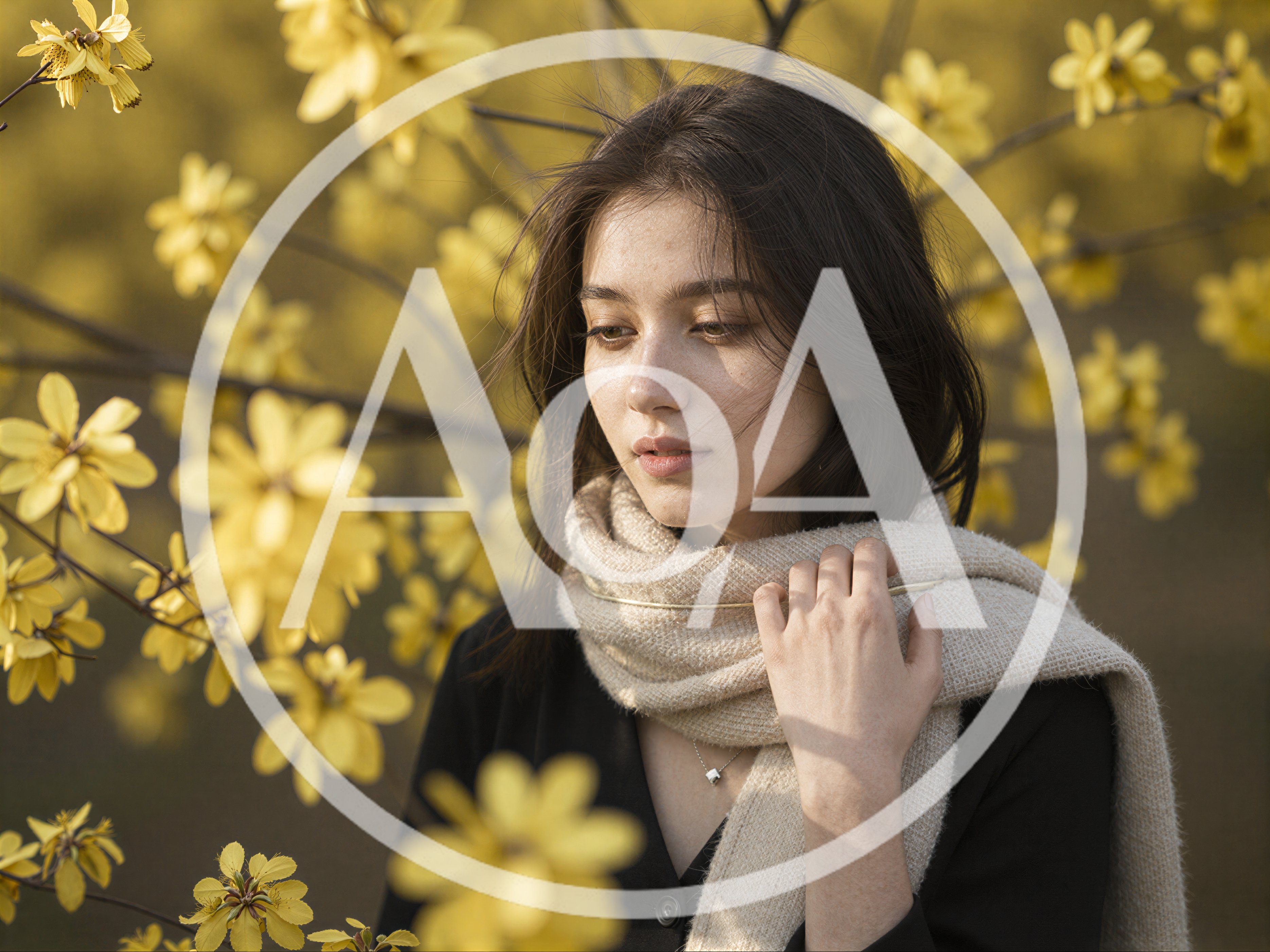 Young Woman Wearing Scarf Among Yellow Spring Flowers