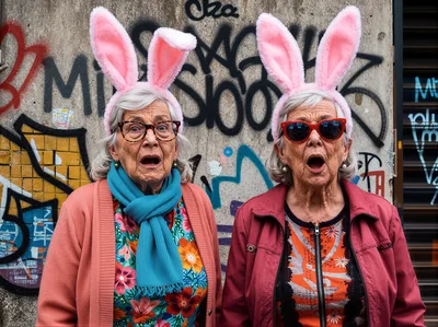 Two Elderly Women Wearing Bunny Ears Against Graffiti Wall