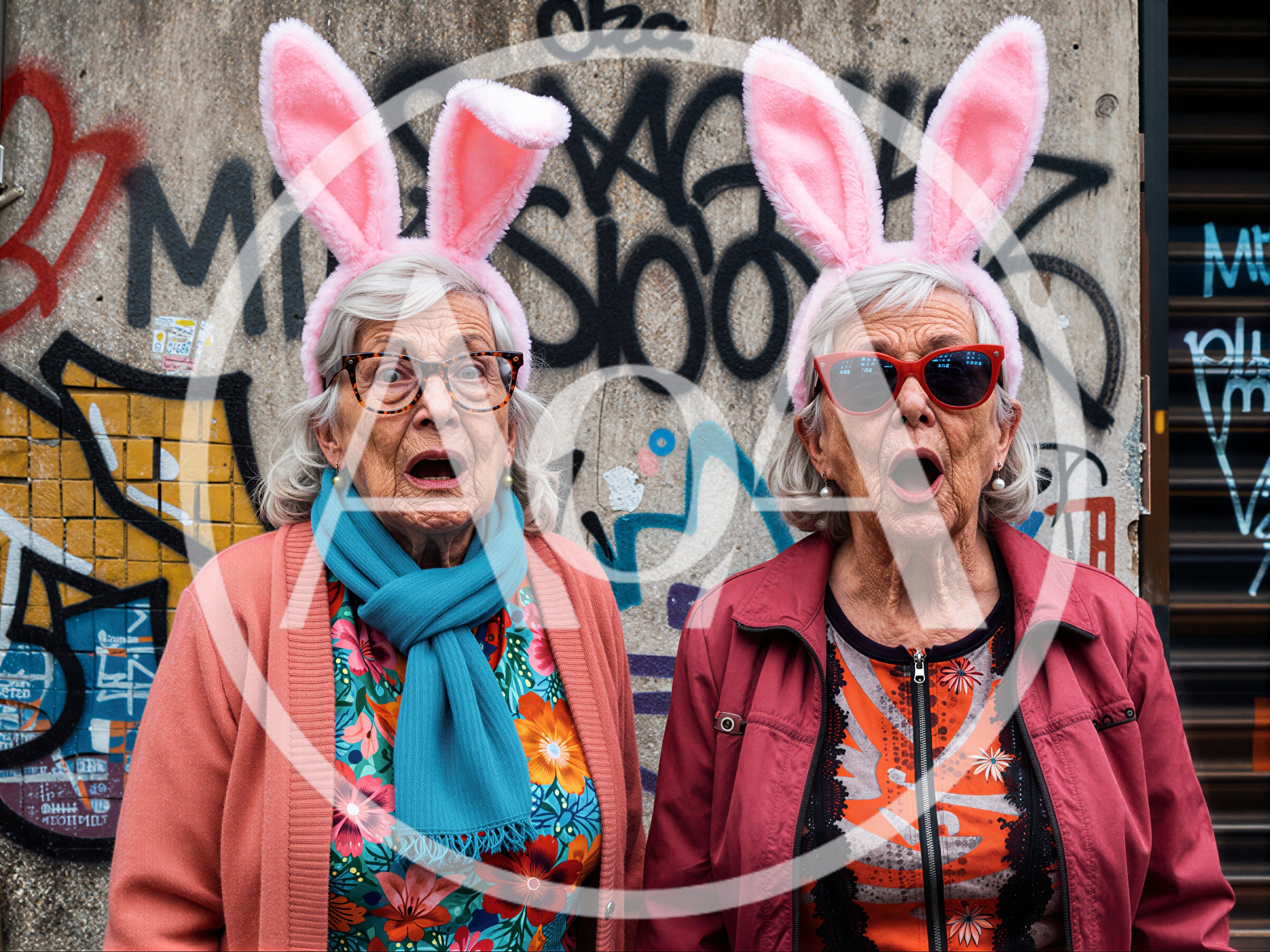 Two Elderly Women Wearing Bunny Ears Against Graffiti Wall