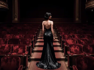 Elegant Woman In Black Evening Gown Standing In Theater