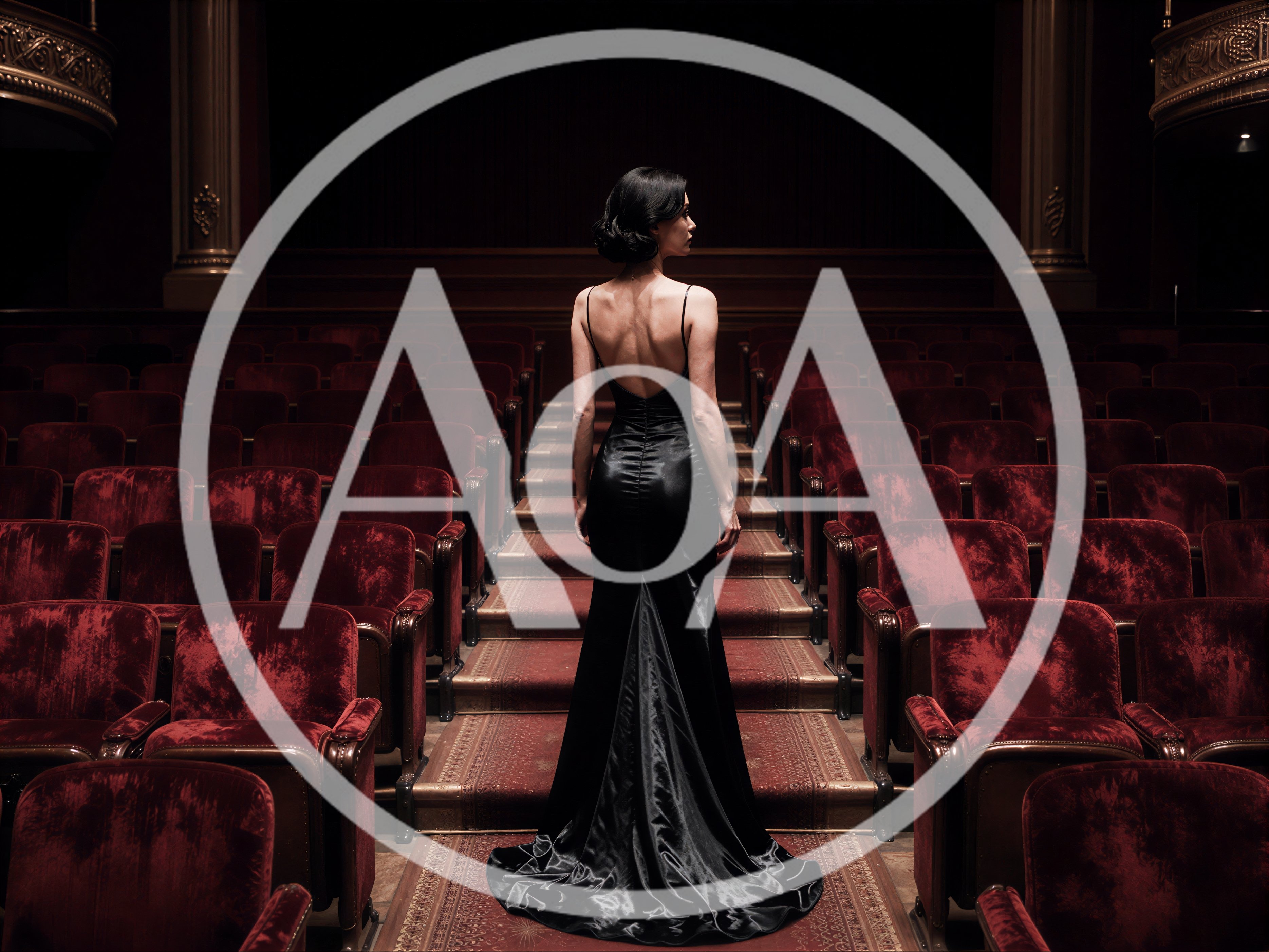 Elegant Woman In Black Evening Gown Standing In Theater