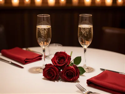 Romantic Table Setting With Champagne And Red Roses