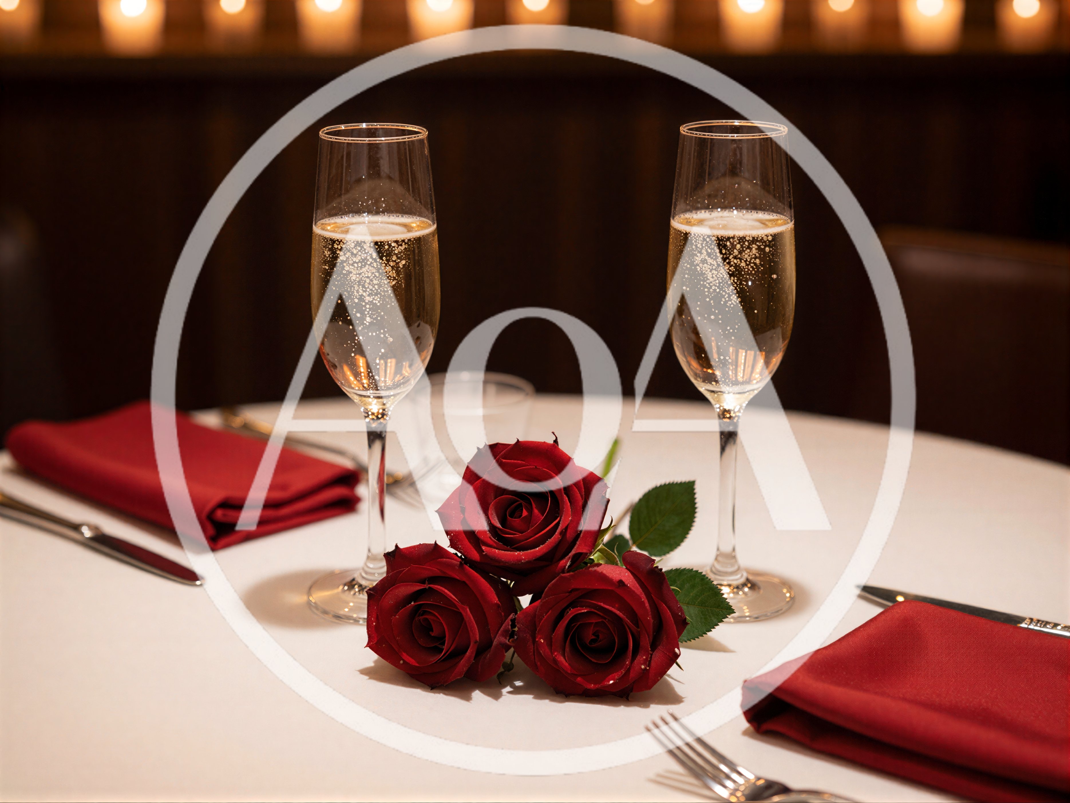 Romantic Table Setting With Champagne And Red Roses