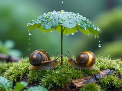 Two Snails Sheltering Under A Leaf In The Rain