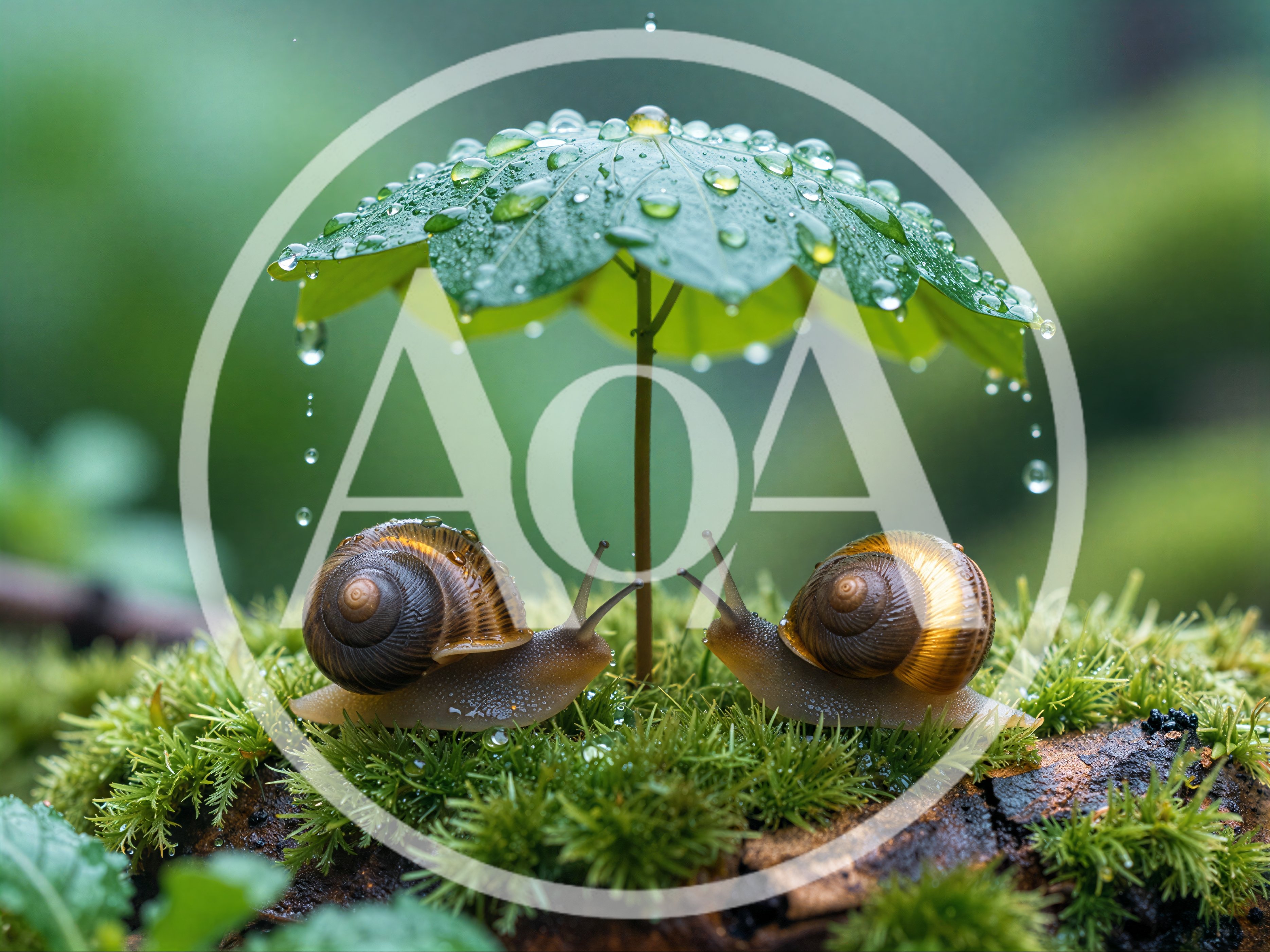Two Snails Sheltering Under A Leaf In The Rain
