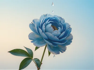 Blue Peony Flower With Falling Water Droplets