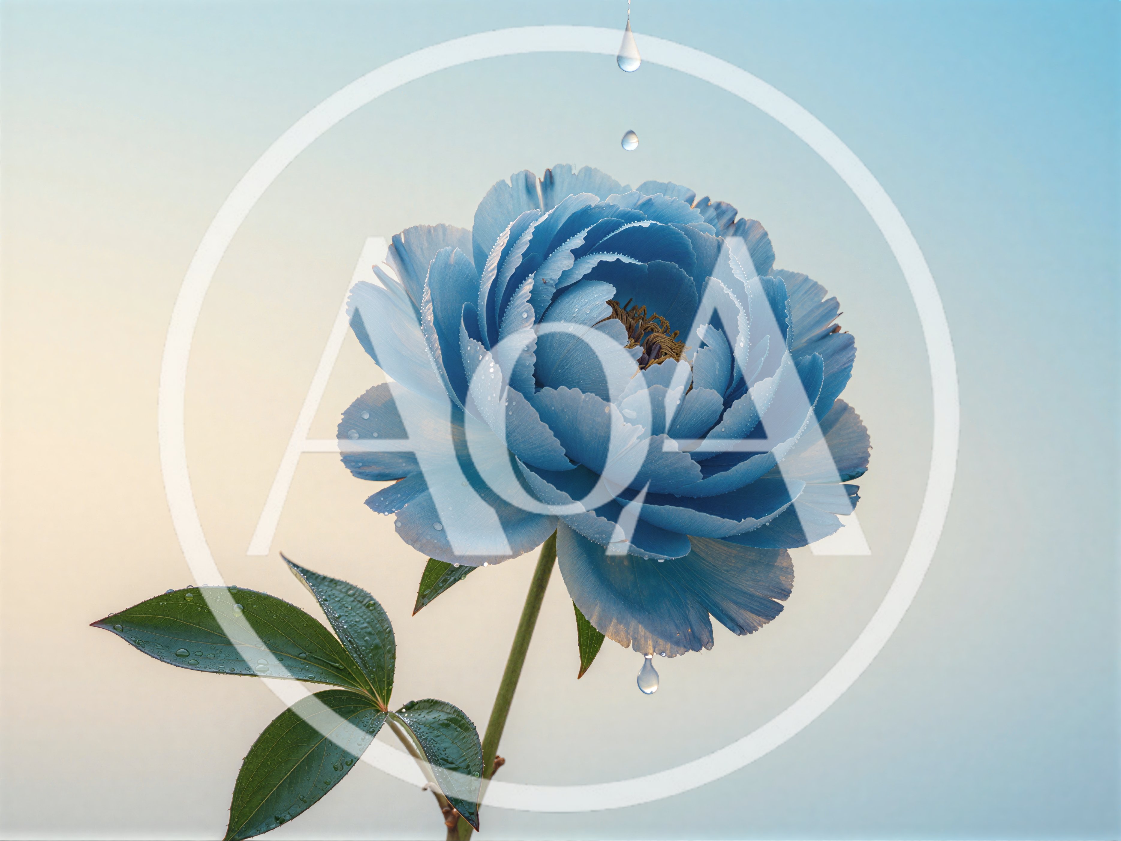 Blue Peony Flower With Falling Water Droplets