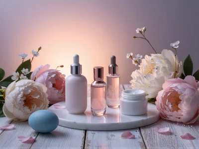Skincare Products With Peonies And Easter Egg