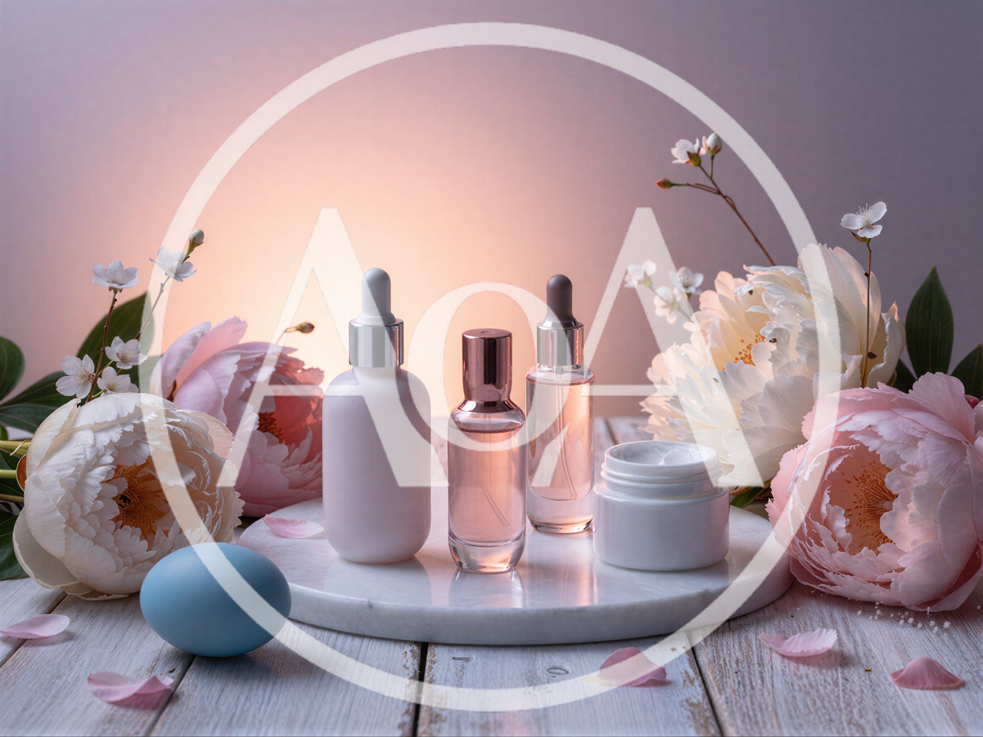 Skincare Products With Peonies And Easter Egg