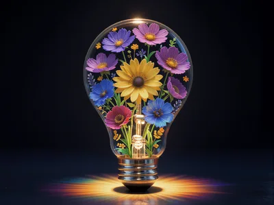 Vibrant Flowers Growing Inside A Glass Light Bulb