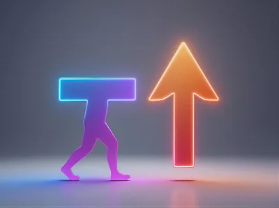 Neon Humanoid Figure Walking Toward Glowing Upward Arrow