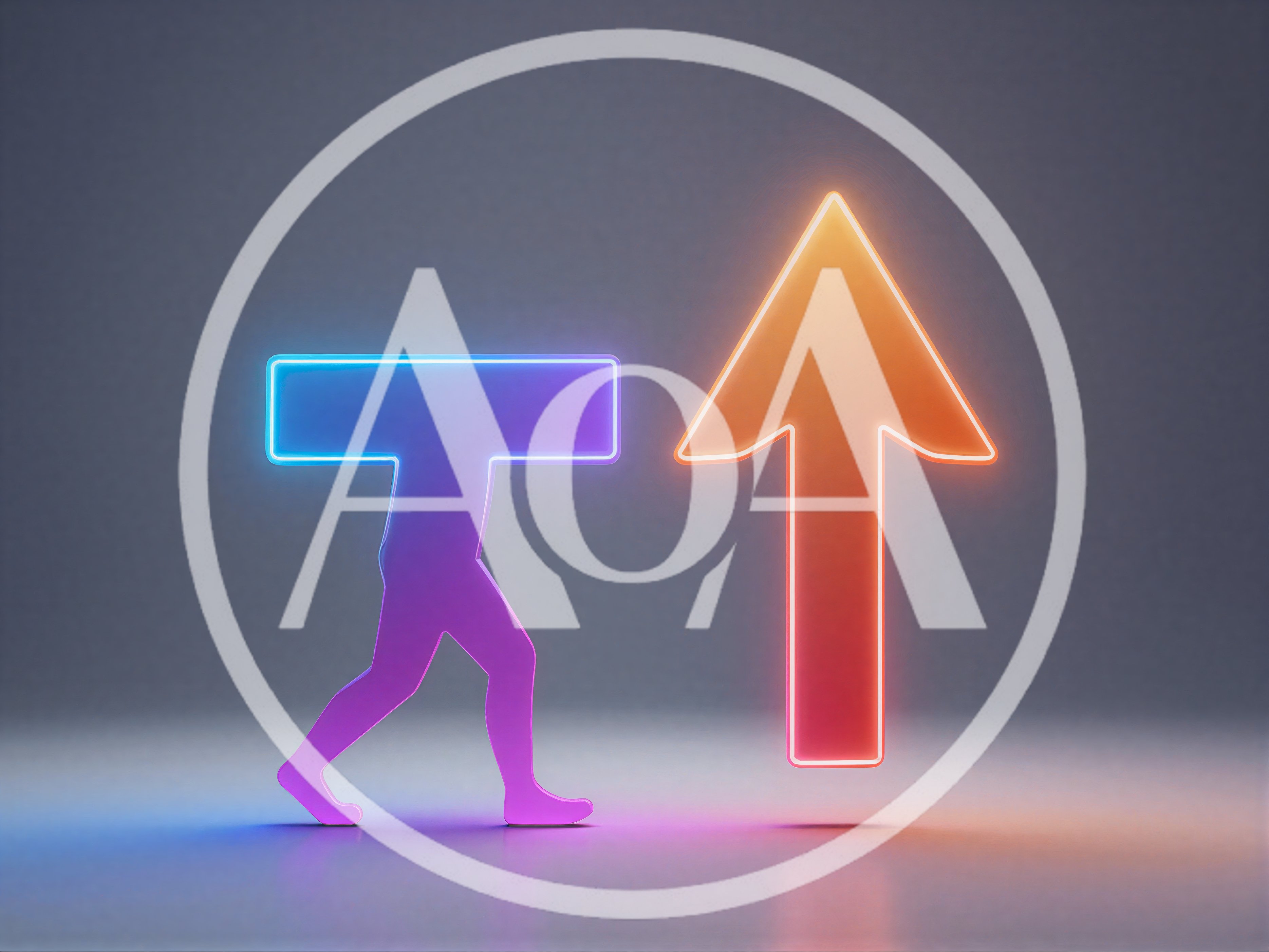 Neon Humanoid Figure Walking Toward Glowing Upward Arrow