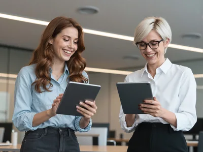 Two Professional Women Collaborating With Tablets In Office
