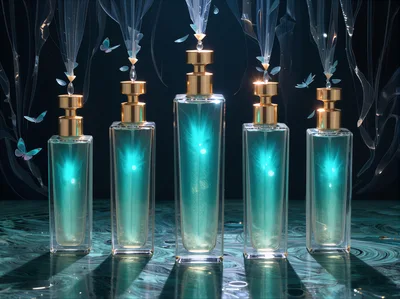 Five Glowing Perfume Bottles With Ethereal Butterfly Accents