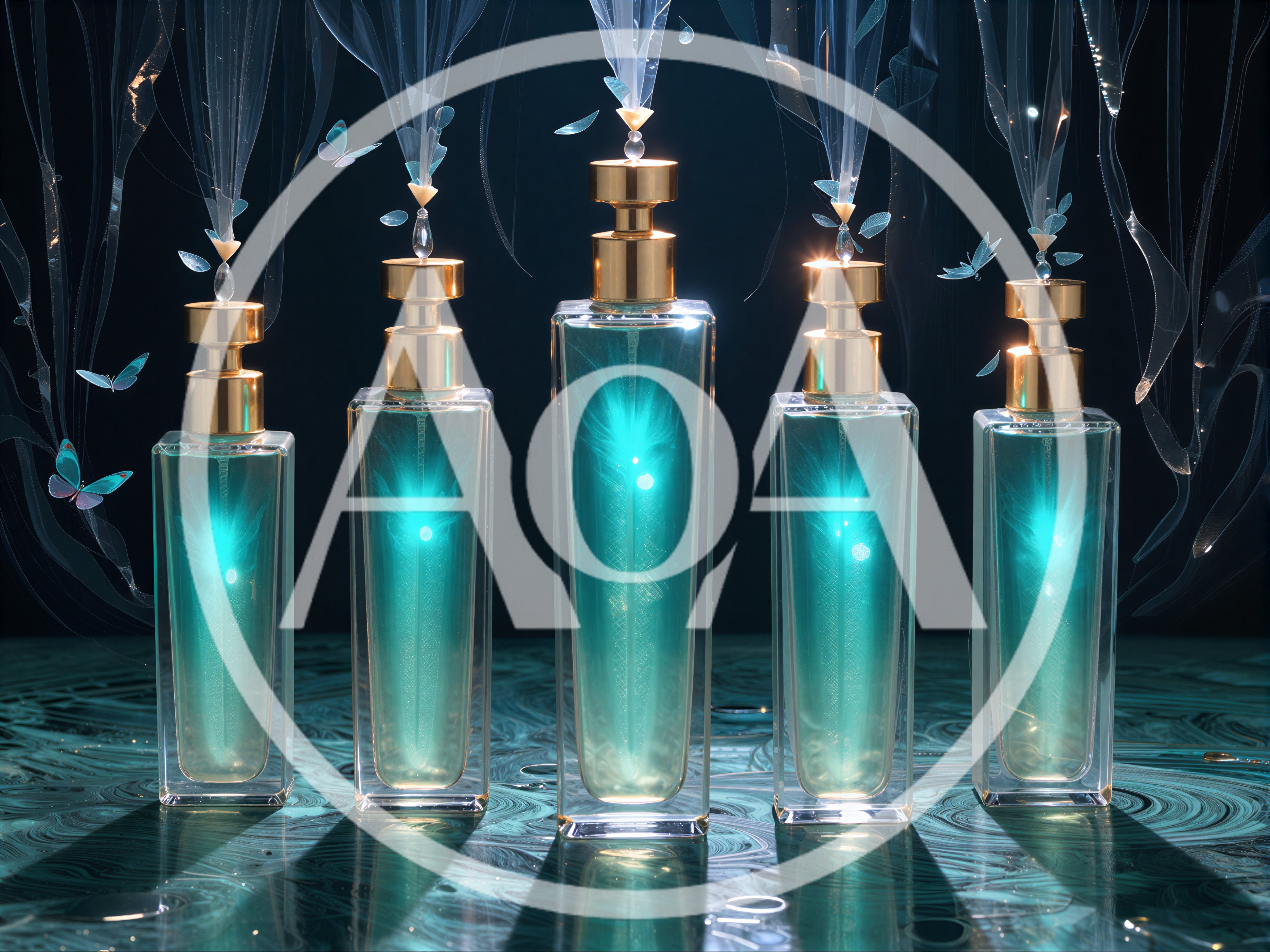Five Glowing Perfume Bottles With Ethereal Butterfly Accents