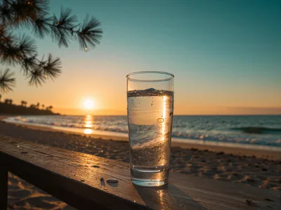 Glass Of Water On Beach Railing At Sunset
