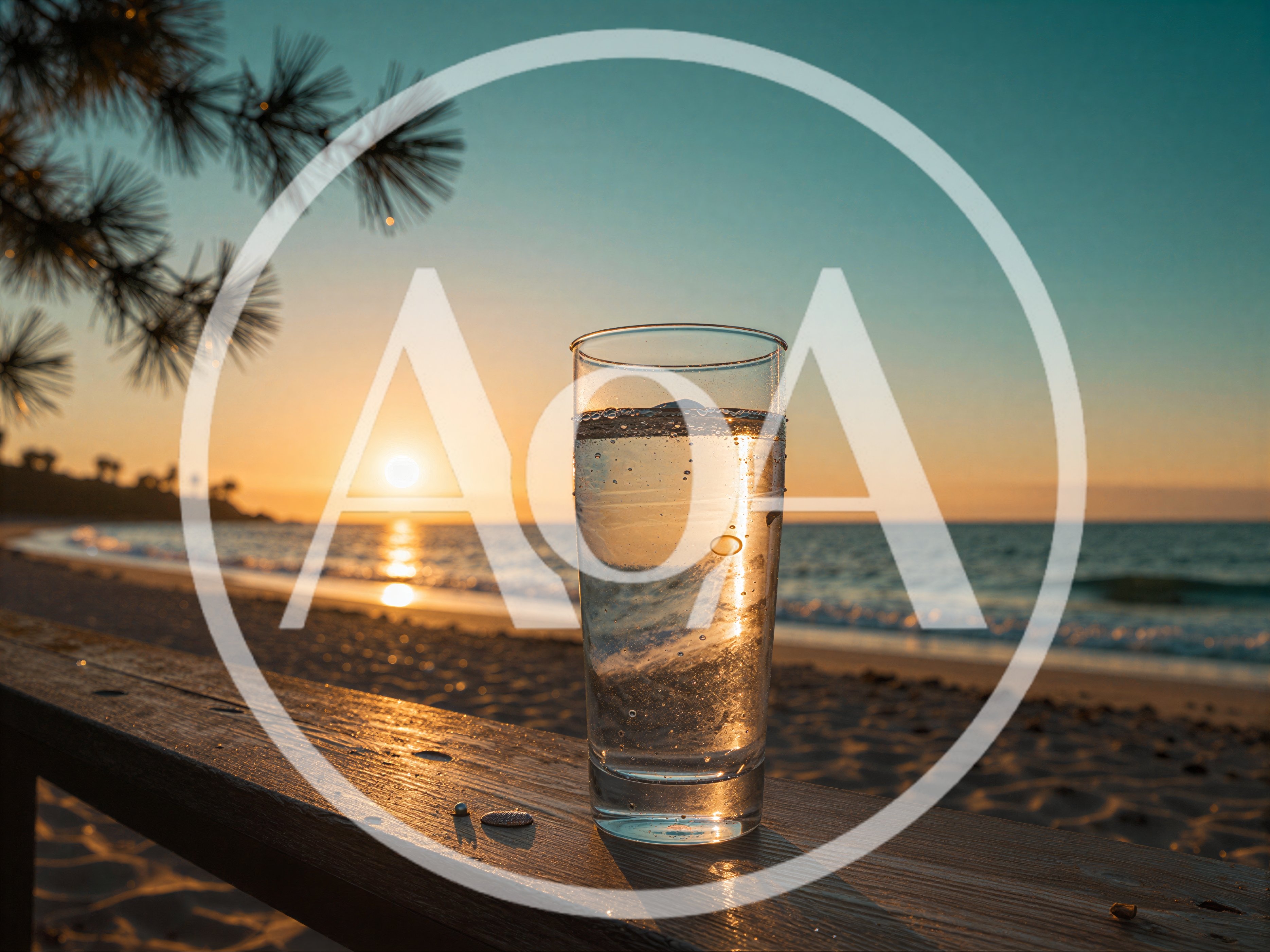 Glass Of Water On Beach Railing At Sunset