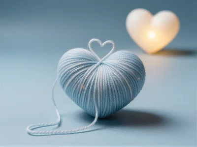 Blue Yarn Heart With A Glowing White Heart Background
