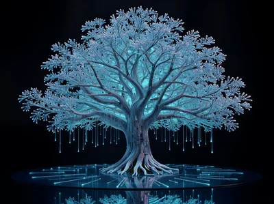 Digital Cybernetic Tree With Glowing Fiber Optic Branches