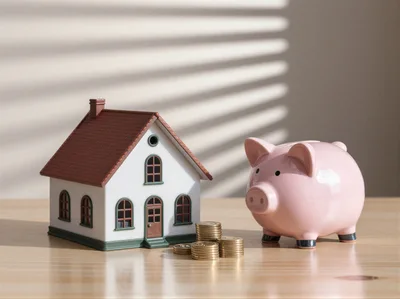 Model House And Piggy Bank With Stacked Coins