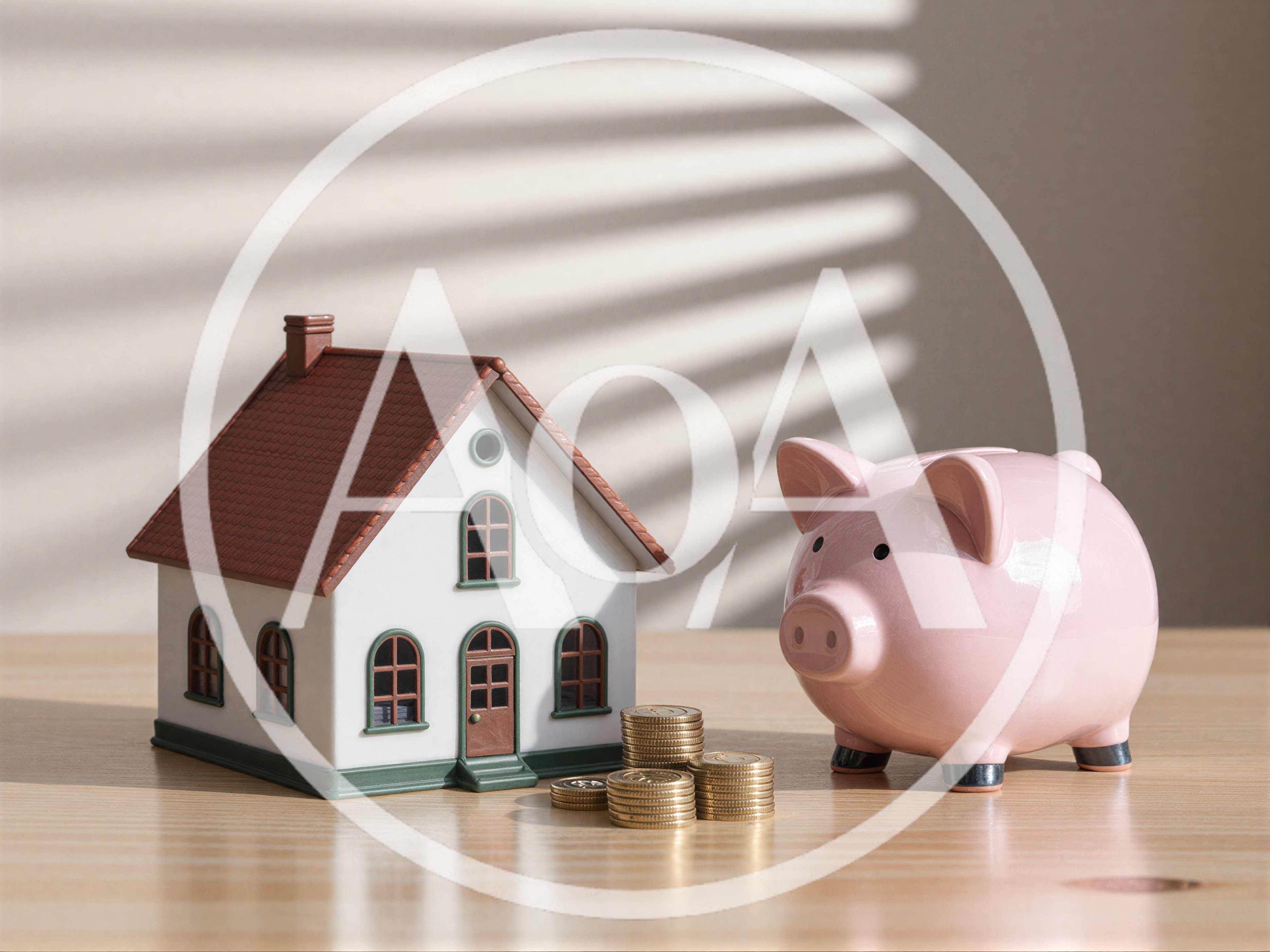Model House And Piggy Bank With Stacked Coins