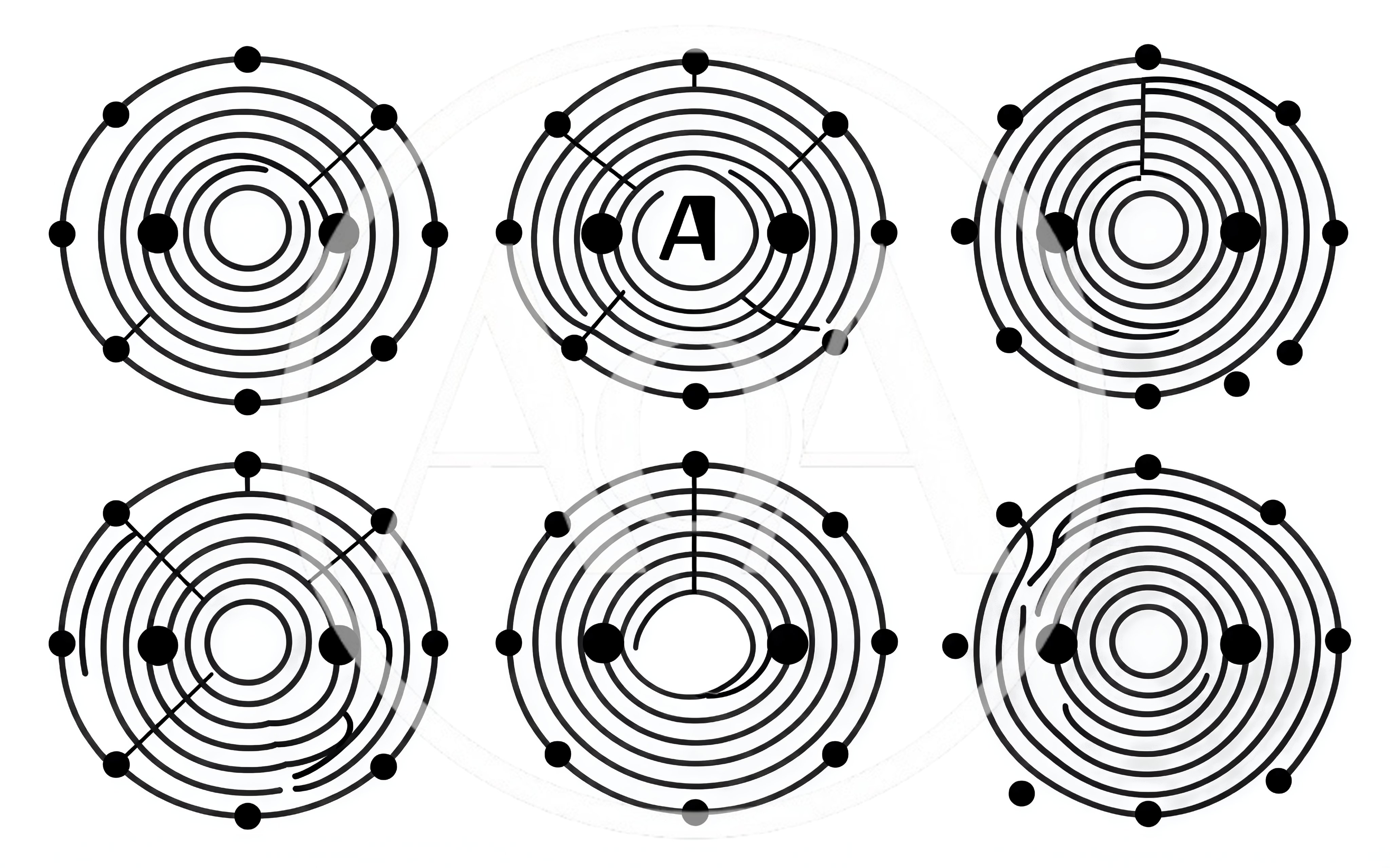 Set Of Six Circular Maze Puzzles With Dots