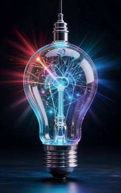 Glowing Light Bulb With Electric Sparks And Neural Patterns