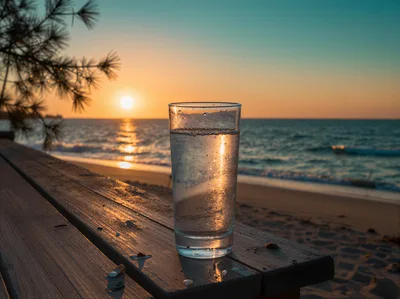 Glass Of Water On A Wooden Table At Sunset
