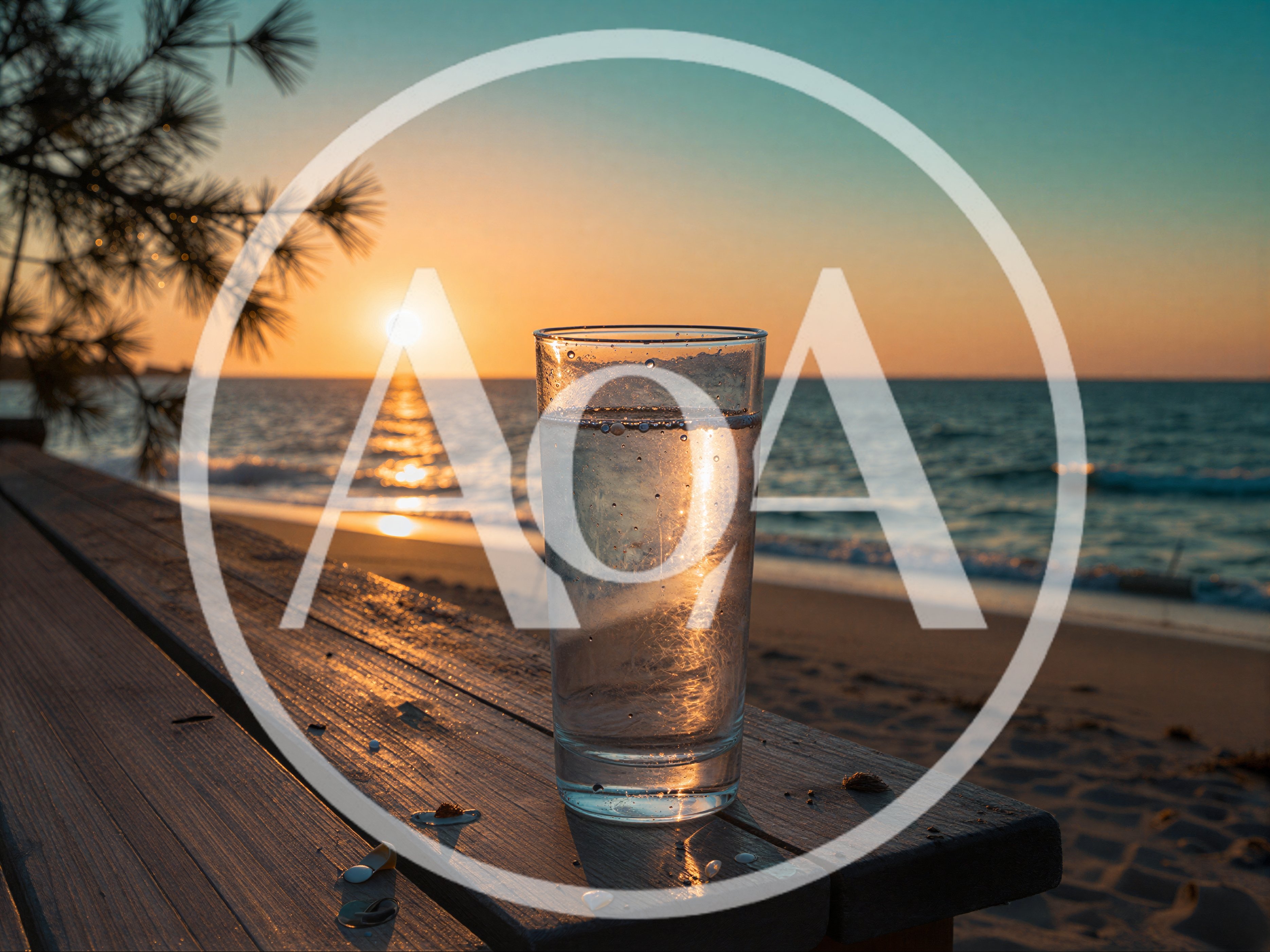 Glass Of Water On A Wooden Table At Sunset