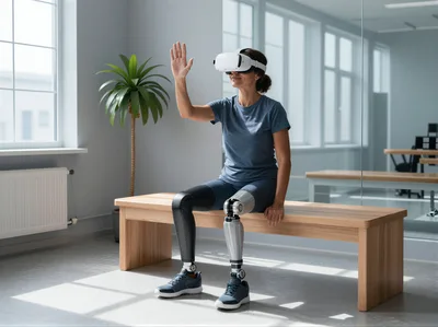 Woman With Prosthetic Legs Using Virtual Reality Headset