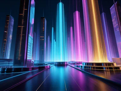 Futuristic Cyberpunk Cityscape With Glowing Neon Skyscrapers