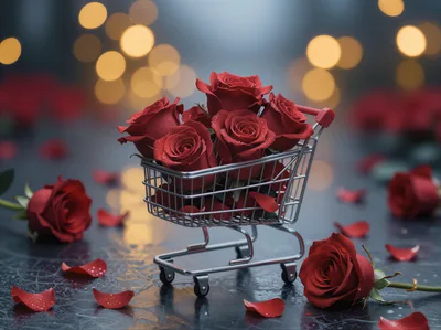 Miniature Shopping Cart Filled With Fresh Red Roses