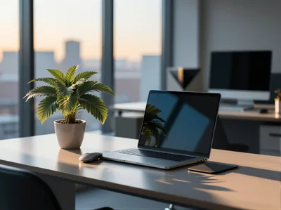 Modern Office Desk With Laptop And Potted Plant