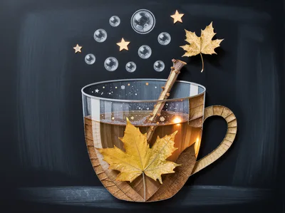 Magical Autumn Tea Cup With Floating Leaves And Bubbles