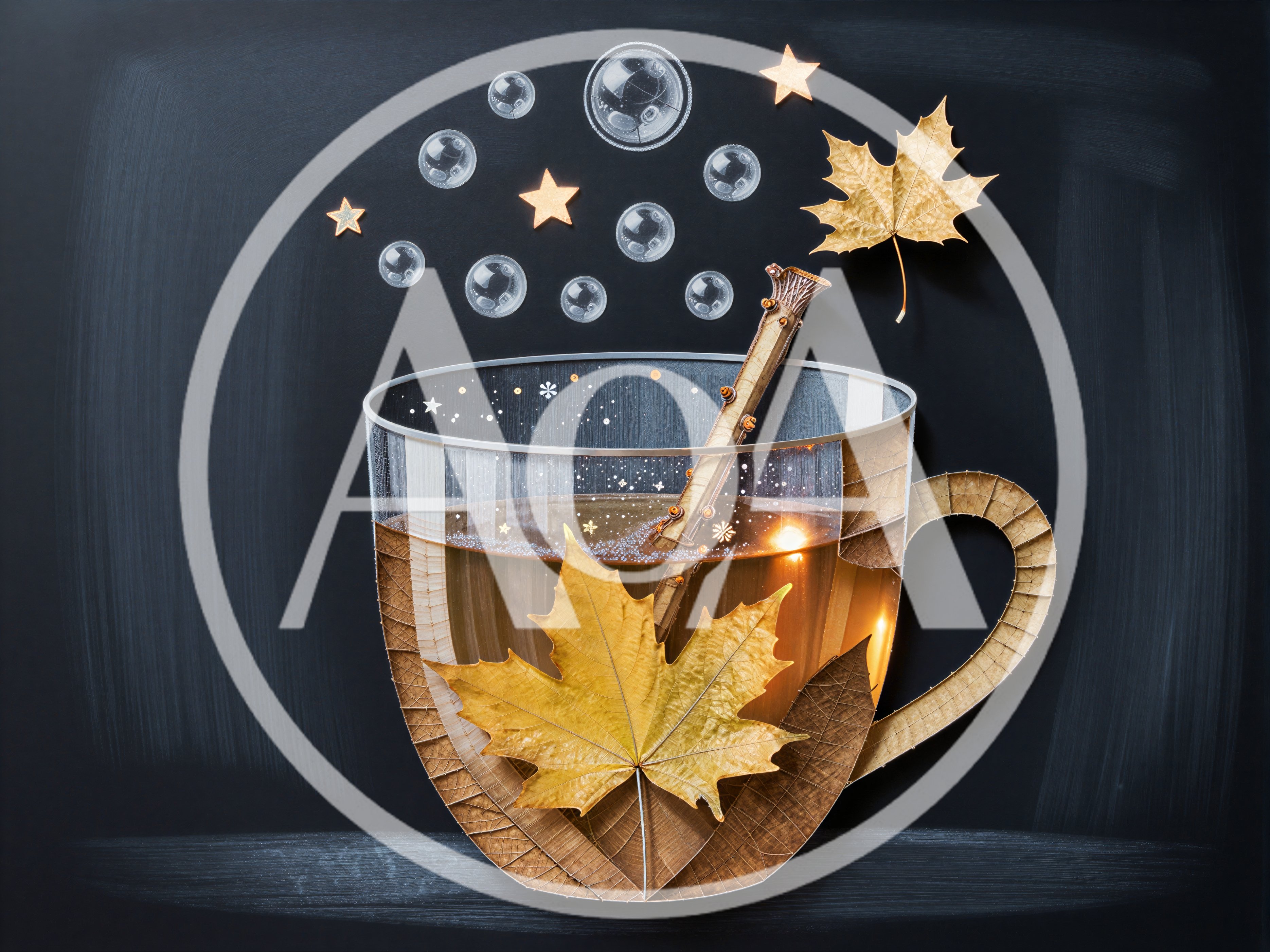 Magical Autumn Tea Cup With Floating Leaves And Bubbles